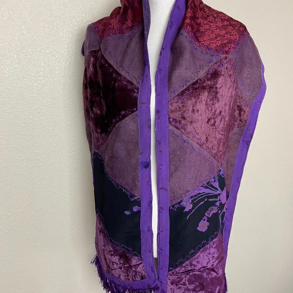 Vintage Patchwork Scarf Reversible 100% Rayon Fringe